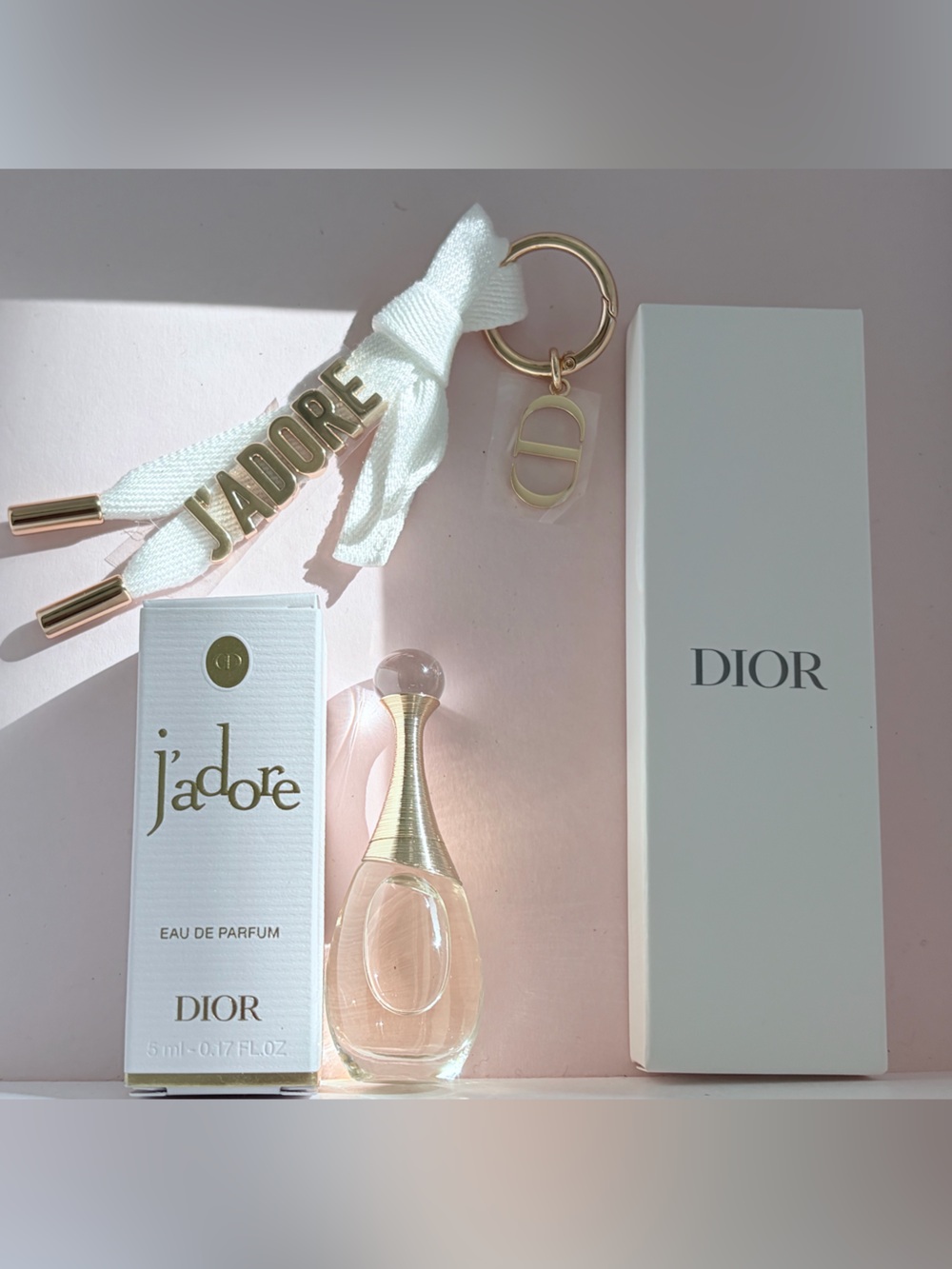 Dior White Fabric J'ADORE Charm Keyring and Mini Jadore EDP NIB